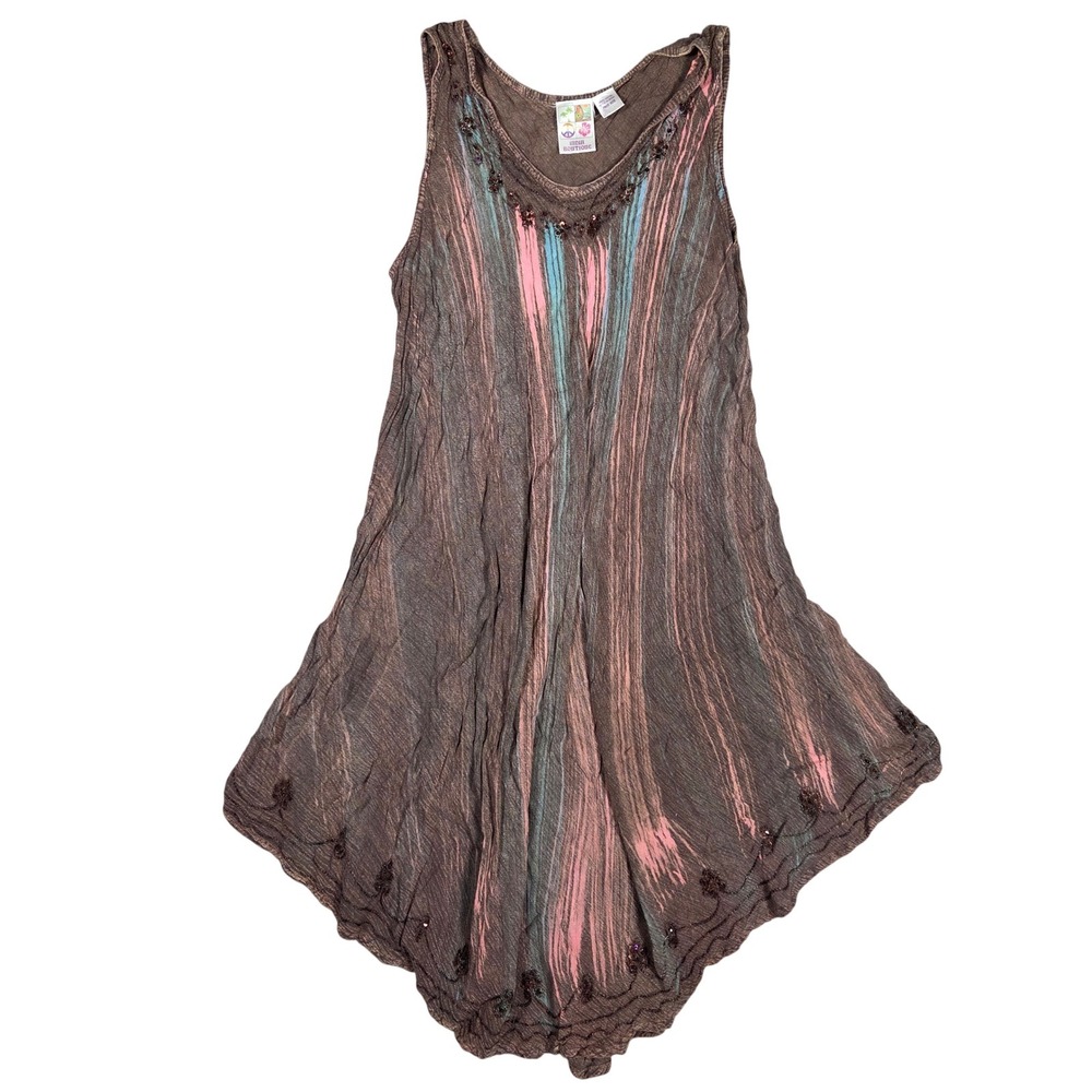 India Boutique Brown Sequin Embroidered Handkerchief Hem Dress OS Hippie Boho